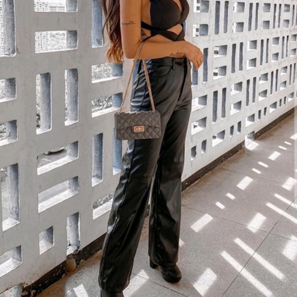 BLACK PU LEATHER PALAZZO PANTS - Picture 2 of 8
